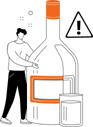 Person with a large glass bottle and pill container with a warning sign 