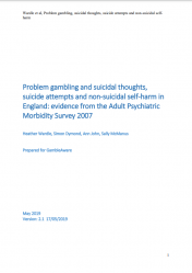 Cover of "Problem gambling and suicidal thoughts, suicide attempts and non-suicidal self-harm in England: evidence from the Adult Psychiatric Morbidity Survey 2007"